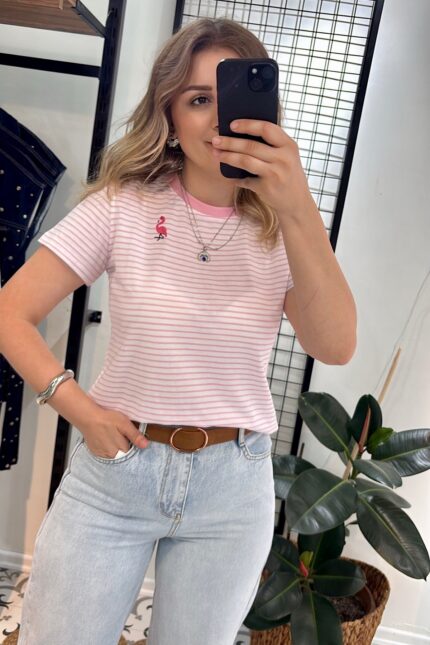 Flemingo İşlemeli Pembe-Beyaz Basic Tshirt