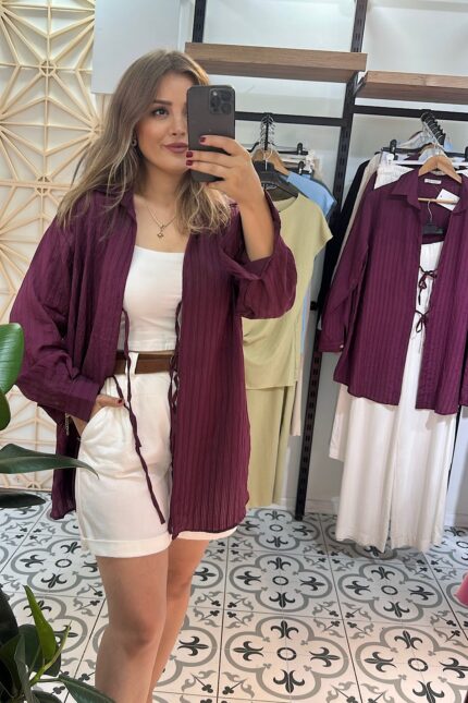 Bordo Premium Bağlamalı Gömlek Bluz